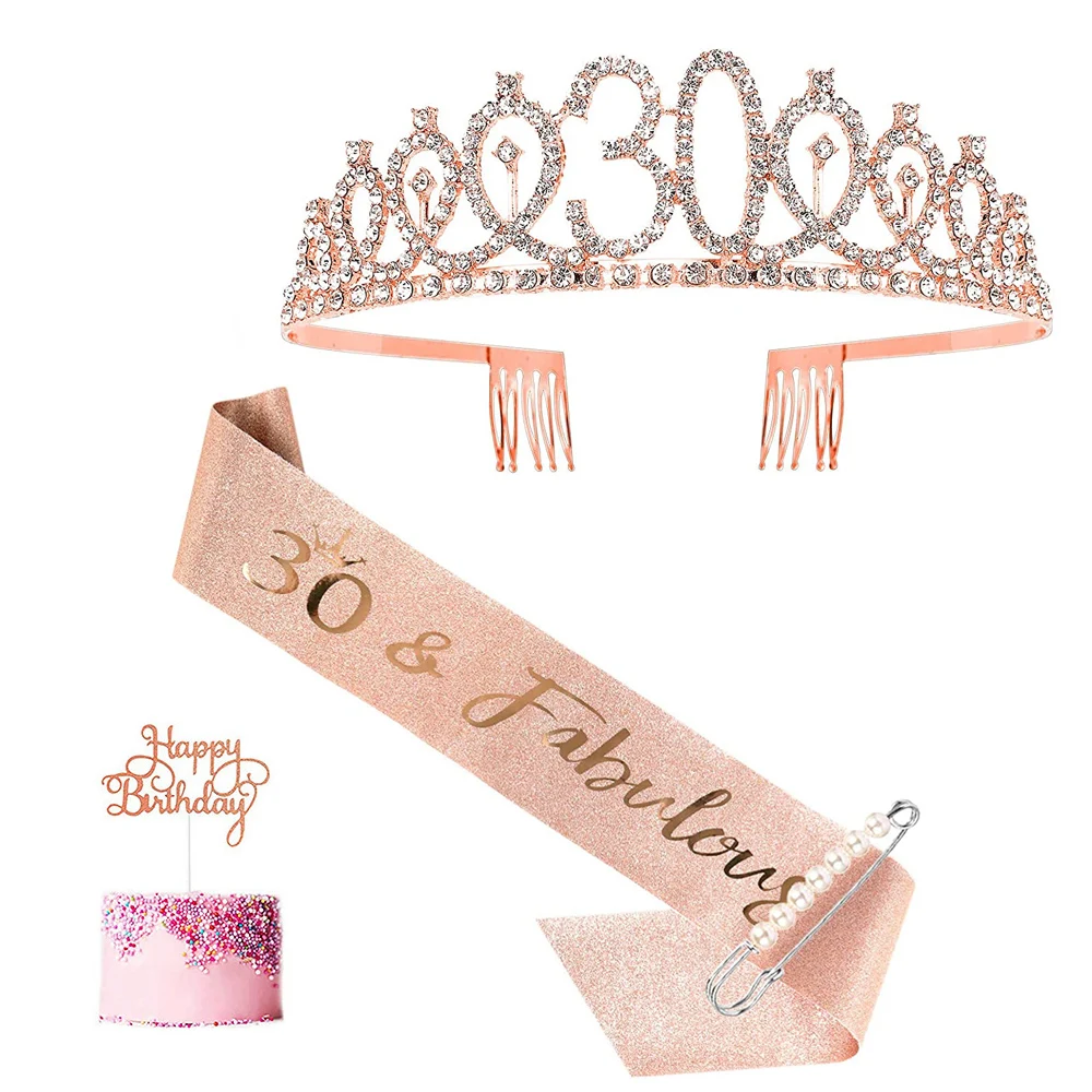 

Rose Gold 30 and Fabulous Birthday Sash and Tiara Crown Set for Women Happy 16th Birthday Party Decoration Supplies Favor Gifts