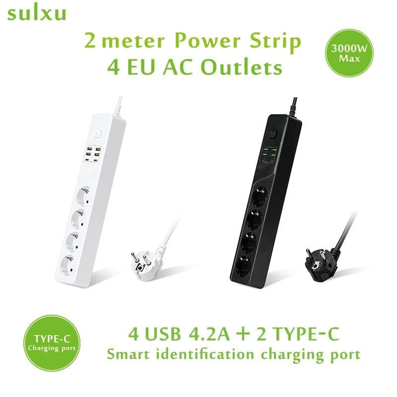 

European socket with Overload Protection, 4AC Outlets+6 USB,with Type-C Charging port 2-meter cable Expansion power strip