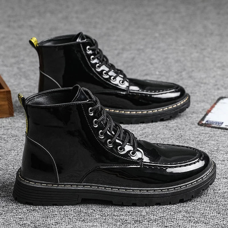 

2023 New Waterproof Shiny Leather Boots Men's High Top Boots Chelsea Men's Casual Comfortable Boots Platform Boots