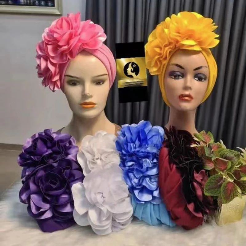 

Exaggerated Satin Flower African Turban Cap Women's Head Wraps Wedding Party Headpiece Muslim Headscarf Hat India Caps