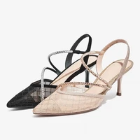 2022 new summer heshe womens sandals covered toe heel rhinestones net point fashion high heels