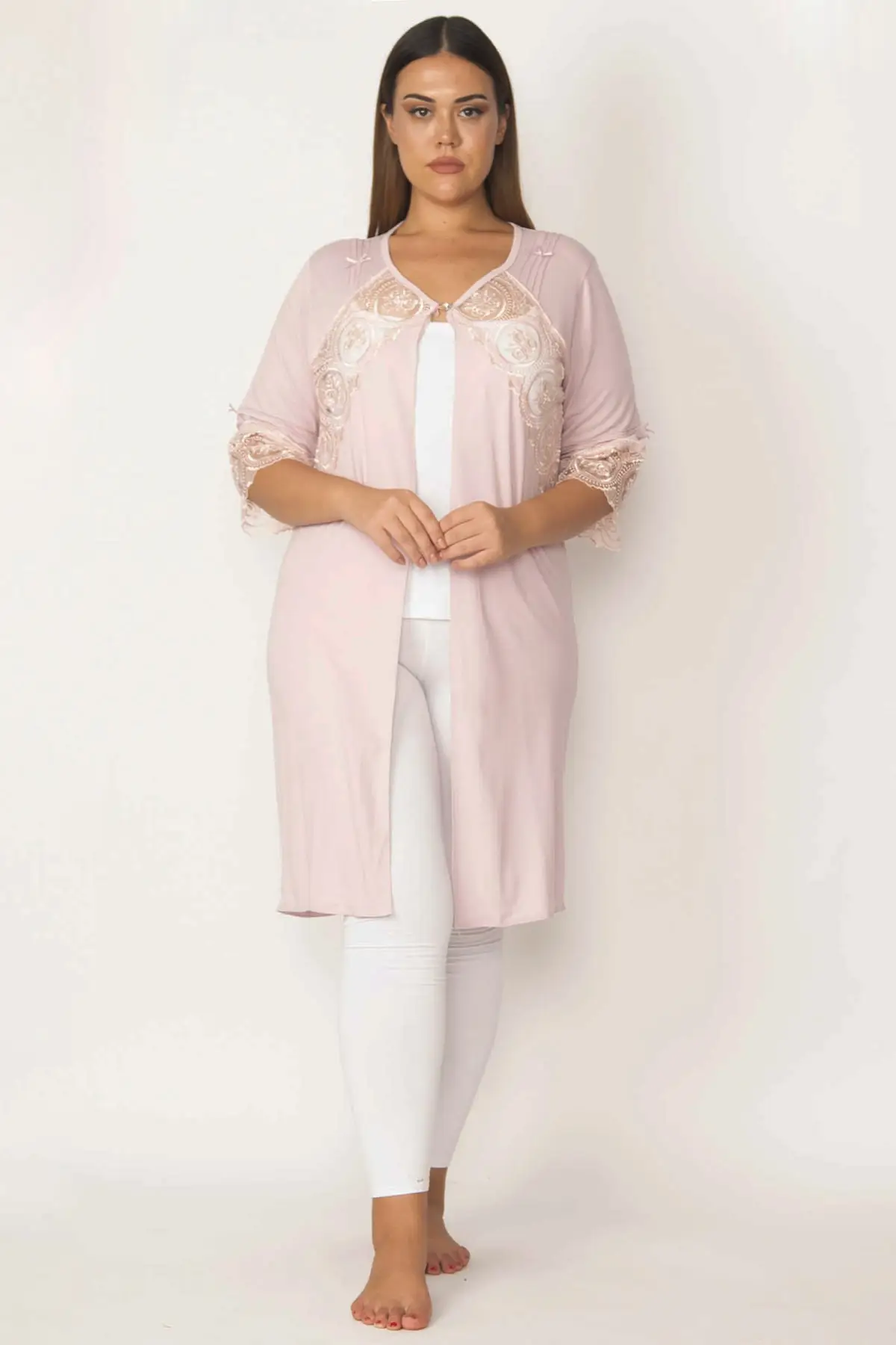 

Dressing Gown Pink Lace Detailed Fashion Robe Robe Robe Sexy Peignoir Kimono Bride Sleepwear Night Gown