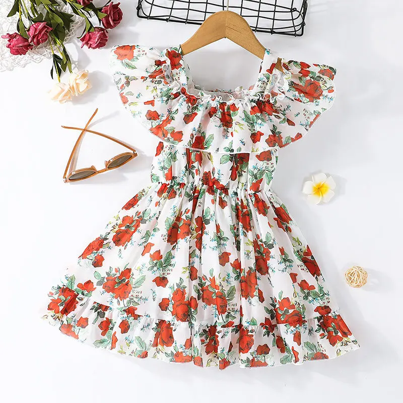 

Детское летнее платье с оборками, с цветочным принтом