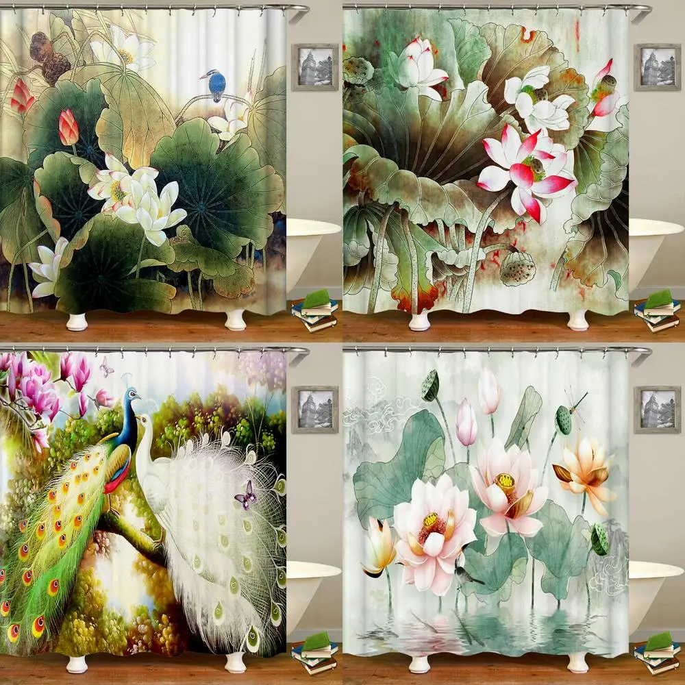 

Cortina de ducha impermeable con diseño de pájaros y flores, visillo de baño con estampado 3d de flores de estilo chino,pantalla