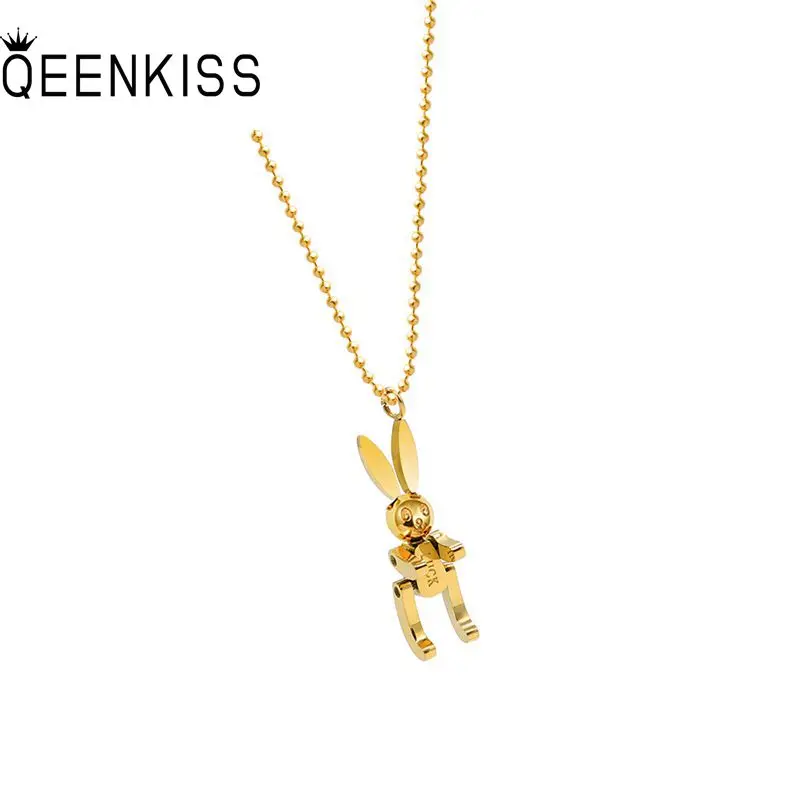 

QEENKISS NC8152 Fine Jewelry Wholesale Fashion Woman Girl Party Birthday Wedding Gift Rabbit Titanium Stainless Steel Necklace