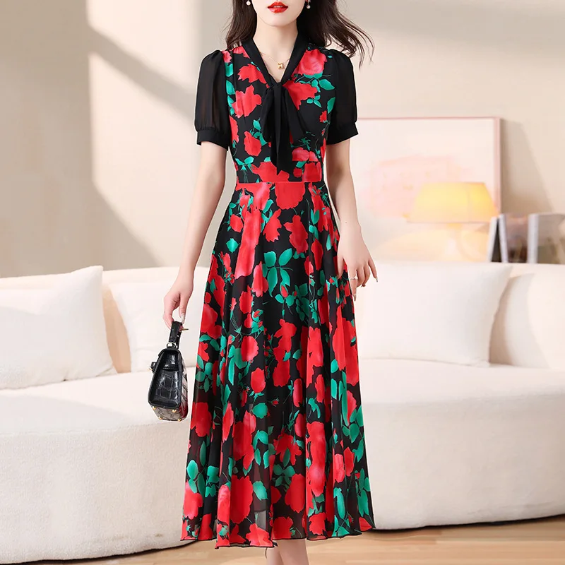 

Chiffon dress, women's floral long dress, new summer style, large hem, long skirt, waist closing, slimming