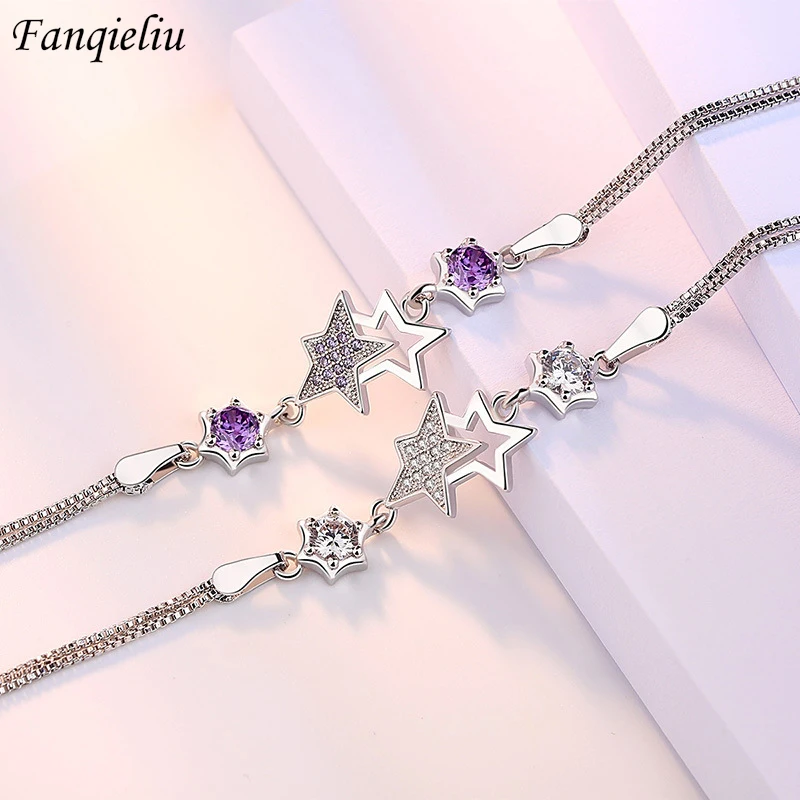 

Fanqieliu S925 Stamp Zircon Star Charm Bracelet For Women New Luxury Jewelry Double Chain Bangles Girl Gift Trendy FQL20339