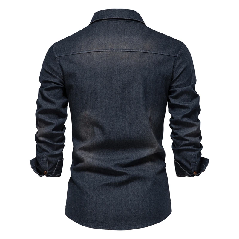 FOJAGANTO Men's Spring Denim Shirts Casual Solid Color Lapel Long Sleeve Fashion Slim Fit Cotton for Men |