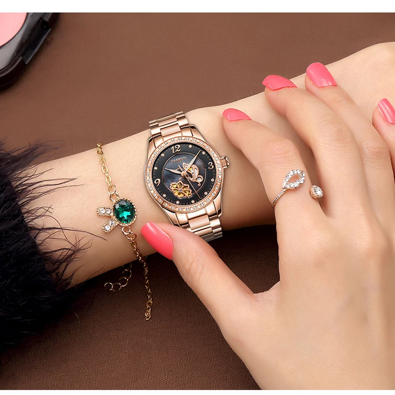CARNIVAL Fashion Rose Gold Strap New Women Watches Women Automatic Mechanical Watch Luxury Diamond Case Luminous Waterproof Gift enlarge