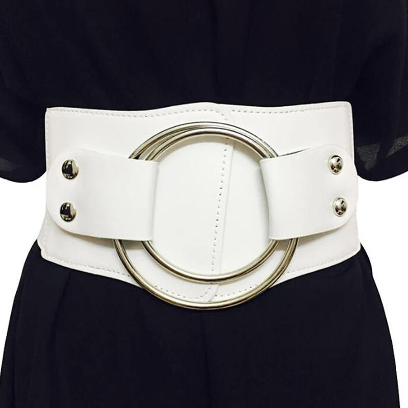 

Lady Retro Wide Waist Belts Stretchy Elastic Corset Waistband Hollow Metal Big O-ring Women's Belt For Dress Jacket
