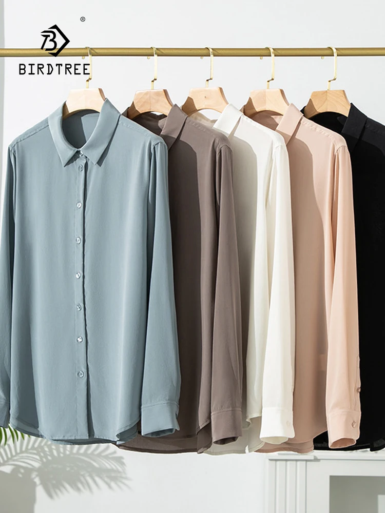 BirdTree элегантная рубашка из 100% натурального шелка женская однотонная блузка с