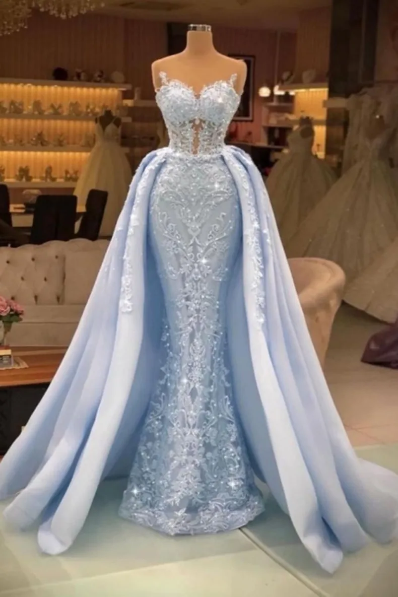 

Goegeous Lace Mermaid Evening Dresses Baby Blue Overskirt Beading Formal Celebrity Gowns Sweetheart Neck Designer Marriage
