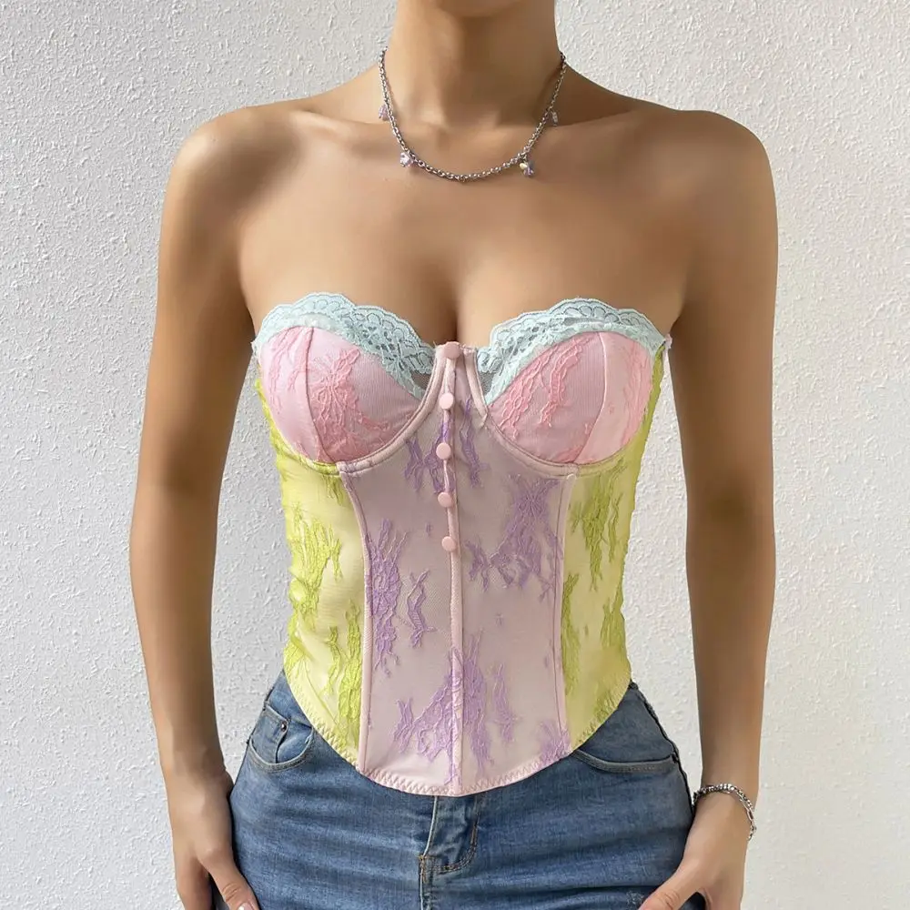 

Новое поступление, кружевной сетчатый кроп-топ с пуговицами в виде рыбьей кости для женщин