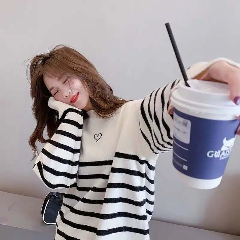 

Fashion striped contrast color sweater women pullover autumn and winter 2022 Korean college casual temperament knitted sweater