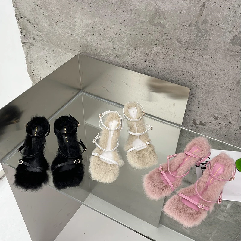 

Open Toe Women Sandals Fur Black Beige Pink Narrow Band Ankle Strap Thin High Heels 2022 New Arrivals Dress Sandals Wedding Pump