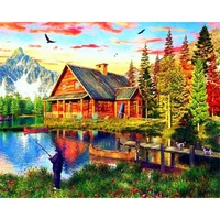 gatyztory acrylic paint by numbers gift coloring by numbers river wooden house digital painting home decor artwork