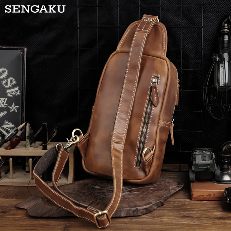 Retro Genuine Leather Men's Shoudler Chest Bag Large Capacity Business Cross Body Bag For Male Portable Travel Messenger Bag