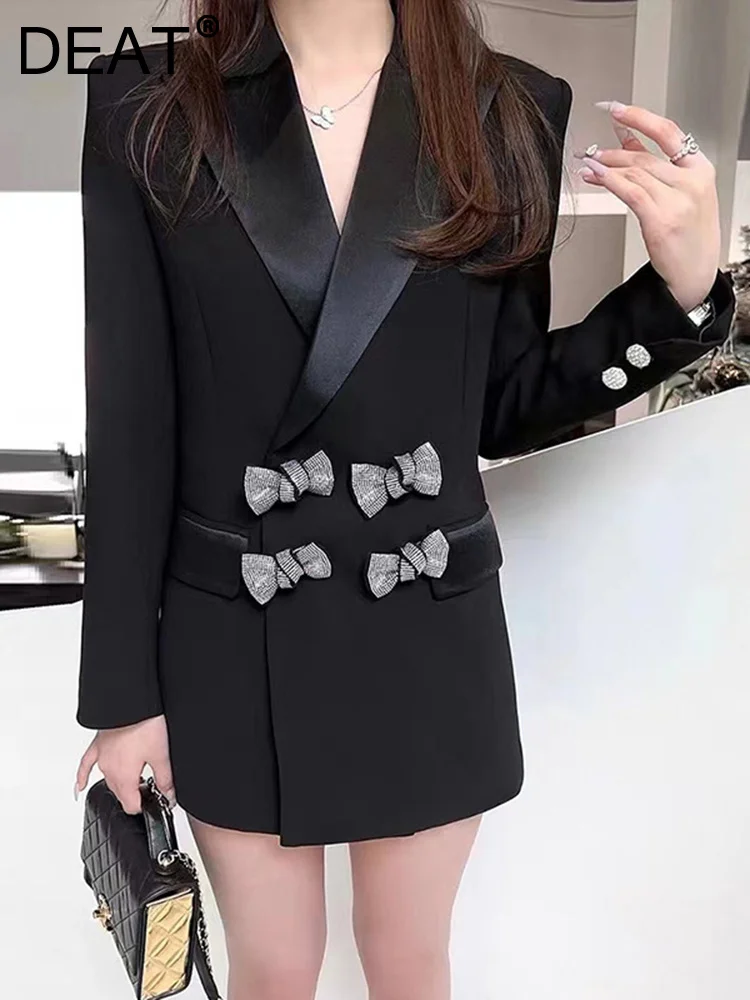 

DEAT Fashion Women Blazer Notched Collar Bow Double Braested Bow Long Sleeve Solid Color Suit Jackets Female Spring 2023 17A1088