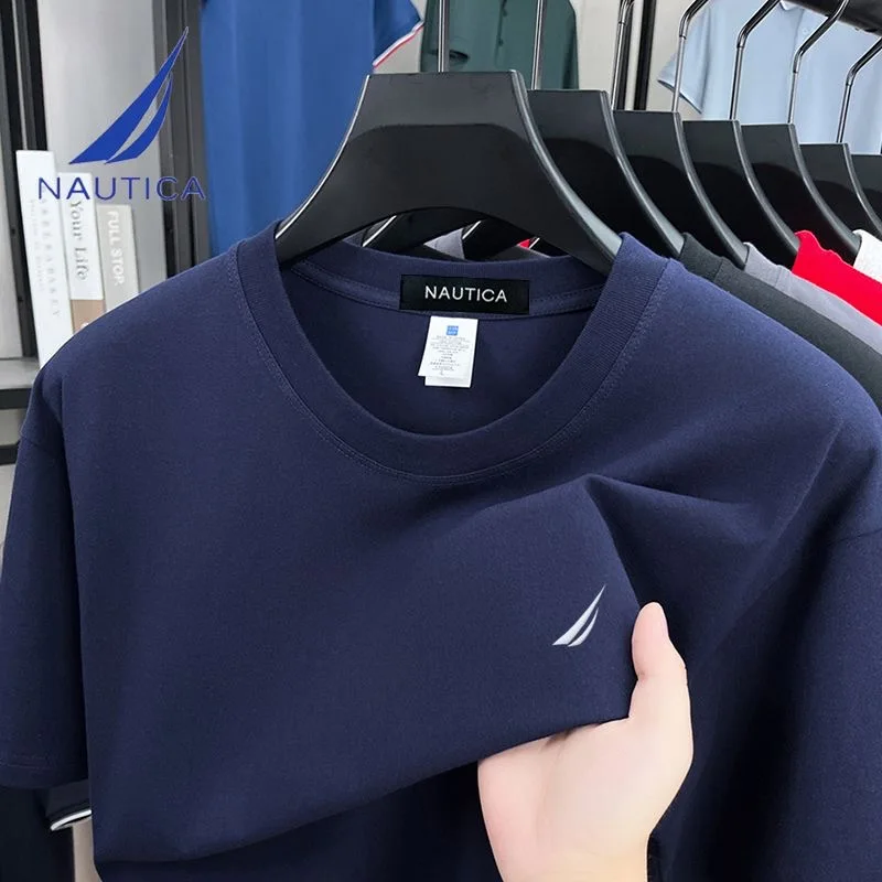 Фото 2026Brand NAUTICA, новая летняя футболка с короткими рукавами, мужская модная повседневная свободная футболка с круглым вырезом и короткими рукавами №3
