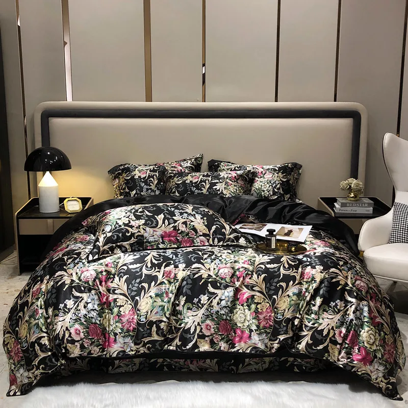 

Flowers Pattern Black Mircofiber Bedding Set Soft Smooth Nude Sleeping Printed Healthy Skin Quilt Cover Bed Sheet Pillowcases