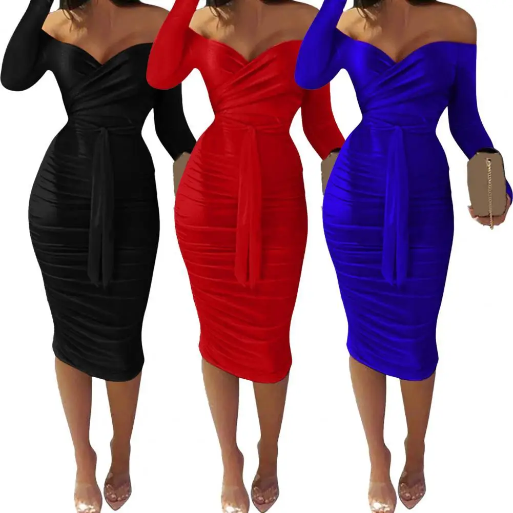 

Lady Dress Women Off Shoulder Midi Bodycon Dress Solid Color Off-shoulder V Neck Slim Fit Sheath Dress for Party Female Vestidos