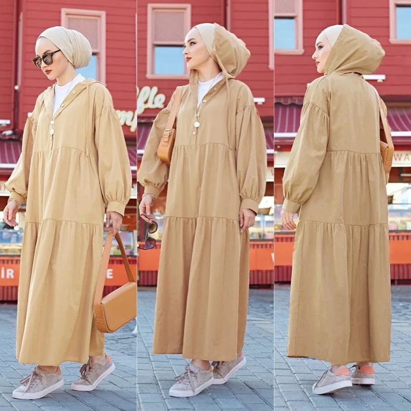 Women Ramadan Eid Muslim Abaya Hooded Dress Solid Color Maxi Long Sleeve Middle East Loose Dubai Turkey Hijab Modest Arab Dress