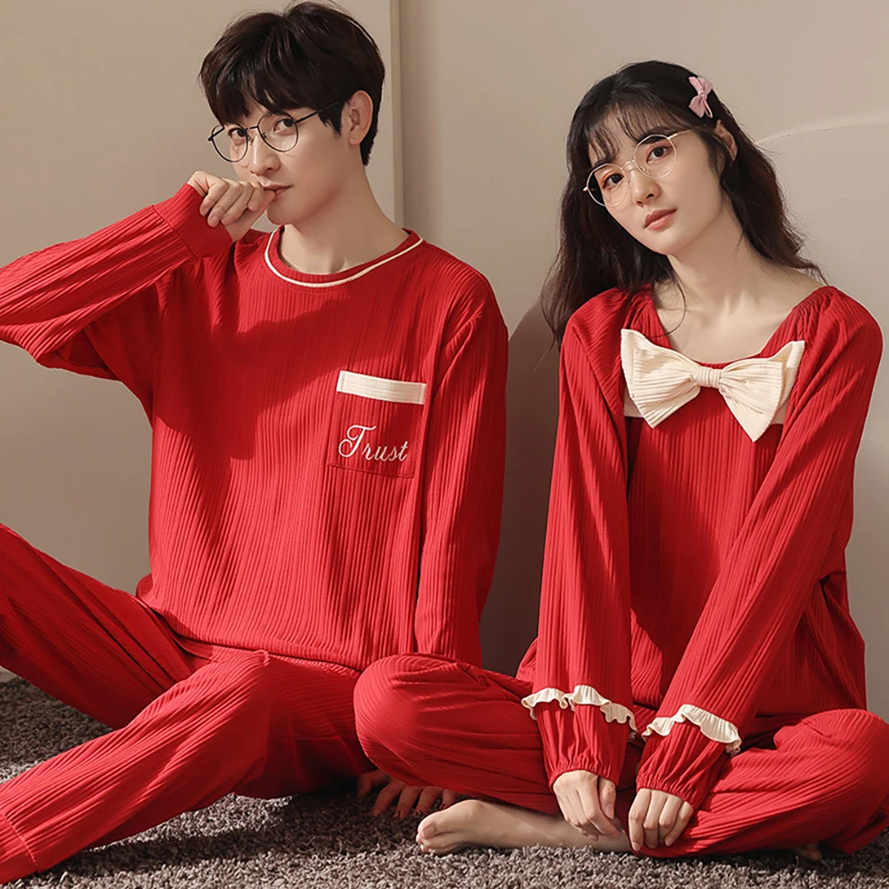 Spring Autumn Cotton Pajamas Sets for Women Couple Cute Cartoon Red Wedding Sleepwear for Sleeping Casual Fashion Pijama Pyjamas