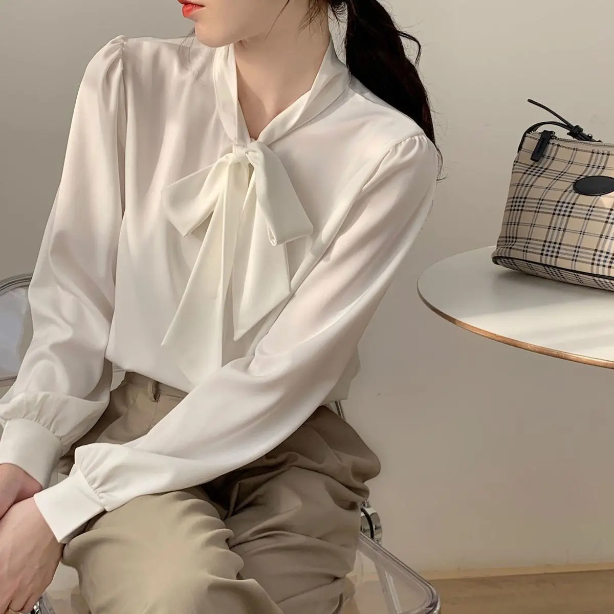 

Basic Shirts Women Smooth Solid All-match Daily Comfortable Students Elegant Bow Long Sleeve Spring Autumn Female Newest Simple