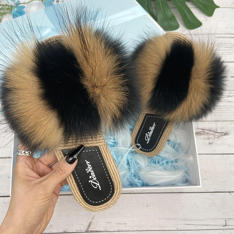 Fur Slippers Woman Flats Faux Straw Sandals Real Raccoon Fox Summer Ladies Light Flip Flops 2022 Fashion New Beach Slides |