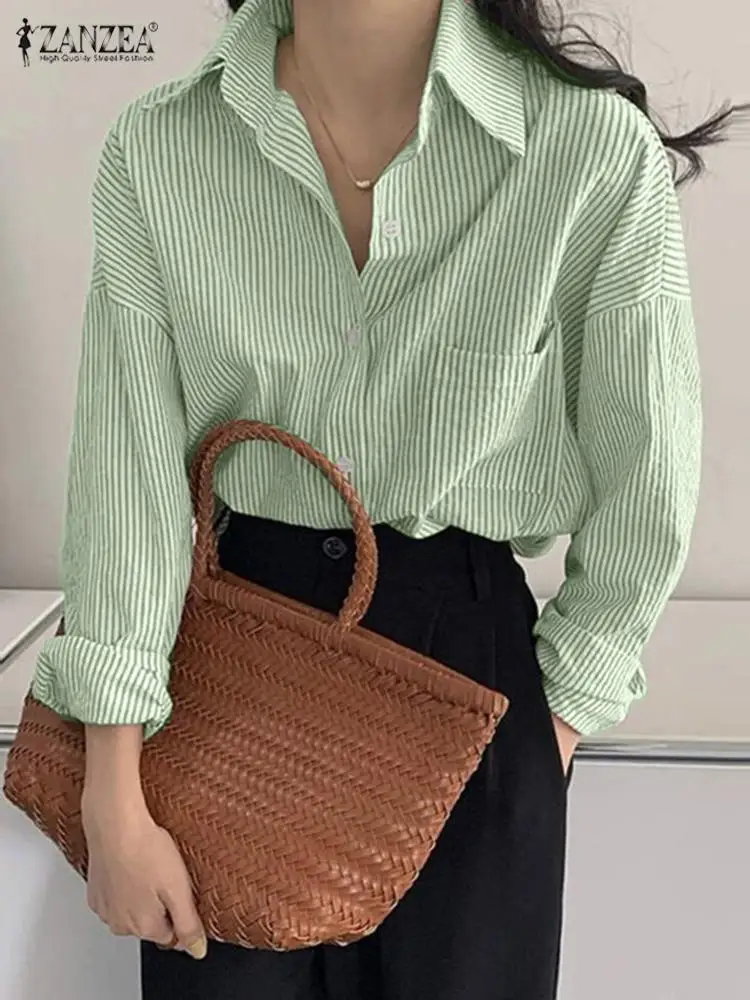 

2023 ZANZEA Spring Fashion Elegant Women Shirt Work OL Stripe Printed Casual Streetwear Femme Lapel Neck Long Sleeve Tops Blusas