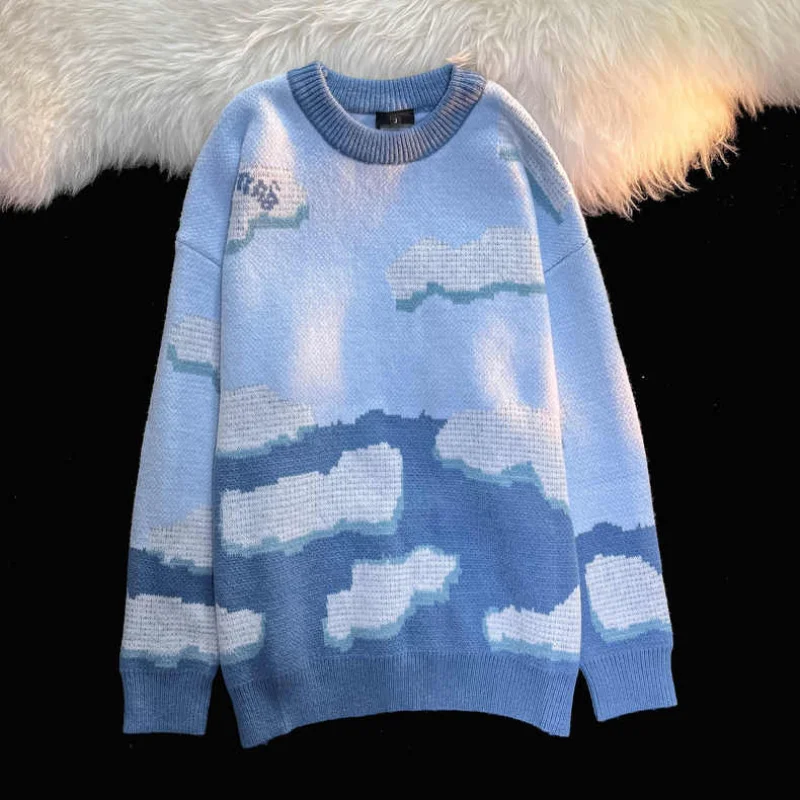 

Japanese department oversize cloud jacquard jumper men and women autumn winter loose lazy chic student knit top