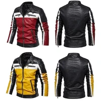 pu leather jacket patchwork biker casual zipper men motorcycle jacket slim fit fur lined outwear coat yellow black