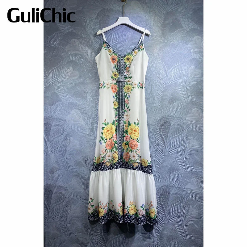 

4.10 GuliChic Women Temperament Fashion V-Neck Floral Print Beading Decorate Slim Spaghetti Strap Long Dress