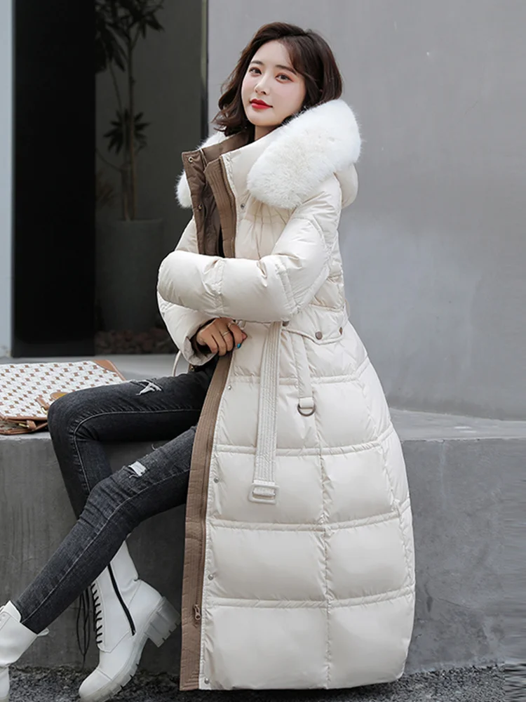 

FMFSSOM New Winter Women Zipper Loose Long Cotton Parkas Fashion Casual Female Large Fur Collar Patchwork Coat Outwear With Belt