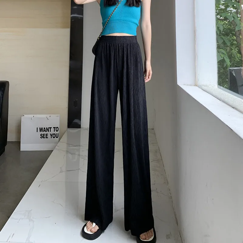 

High Waist Ice Silk Pants for Women, Soft Comfort, Cool Wide Leg Trousers, Female Solid Thin Floor-Length Pant, Summer, 2022