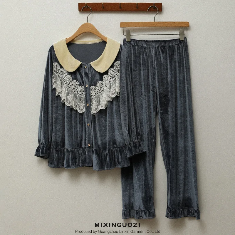 

Бархатная пижама, Женская Зимняя Новая повседневная кружевная пижама большого размера в японском и корейском стиле, милая искусственная ко...