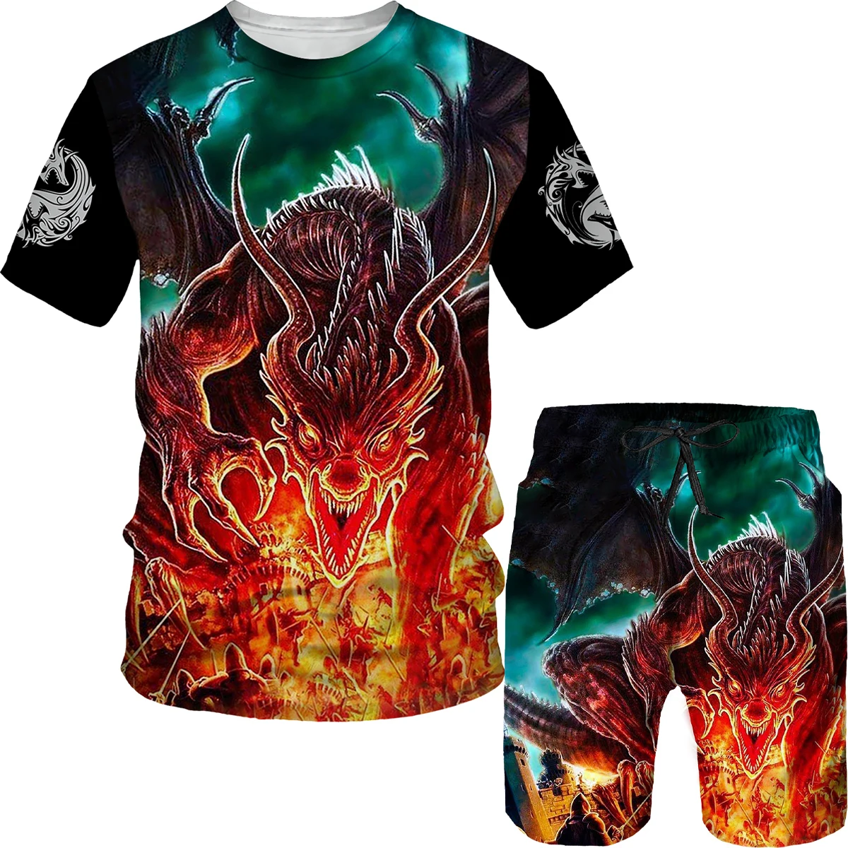 Men's T-shirt and Shorts, 3D-Printed Vintage Dragon Print Streetwear, High Quality Two-Piece Summer Set