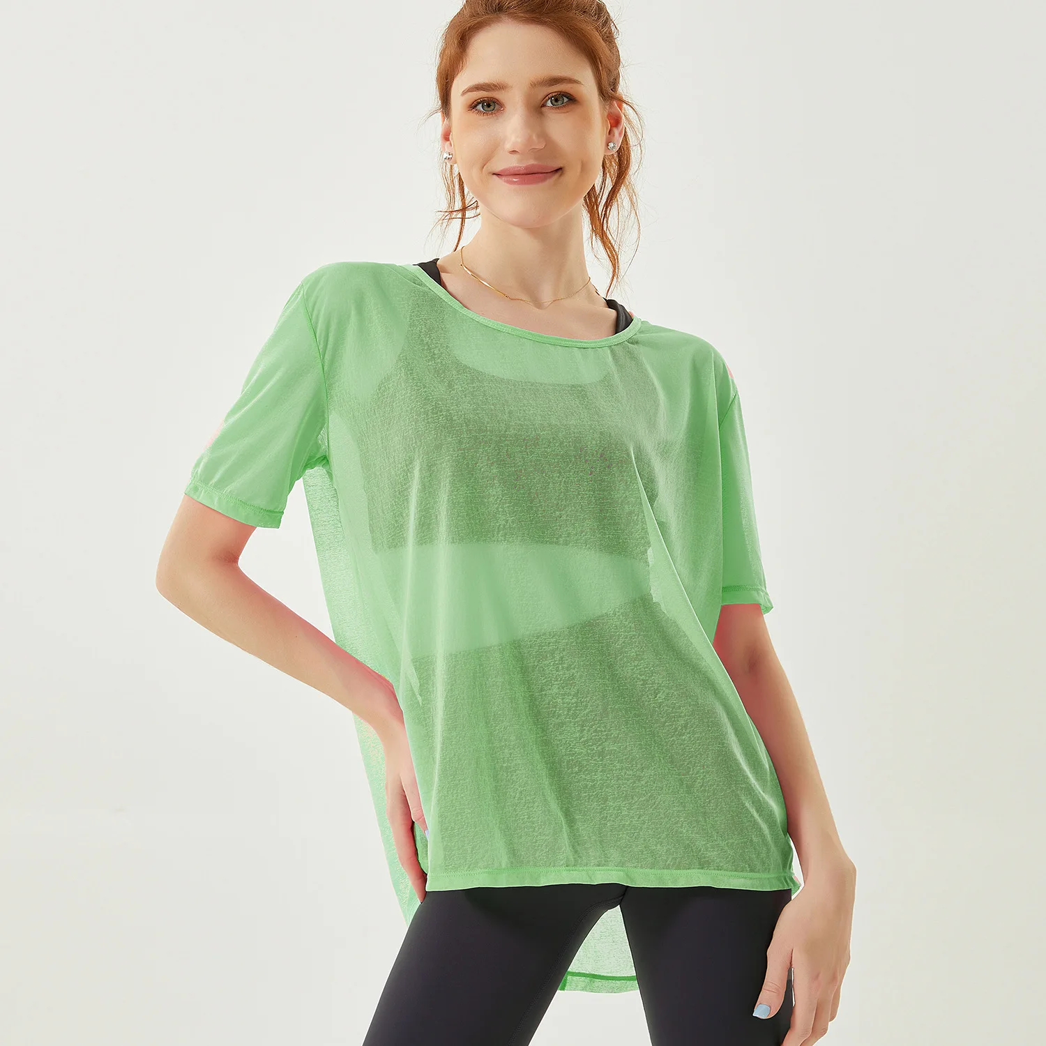 Summer Women Thin Loose Mesh Yoga Tops Short Sleeves Sport T-Shirts Quick Dry Forked Running Shirt Gym Workout Top Blouse Female