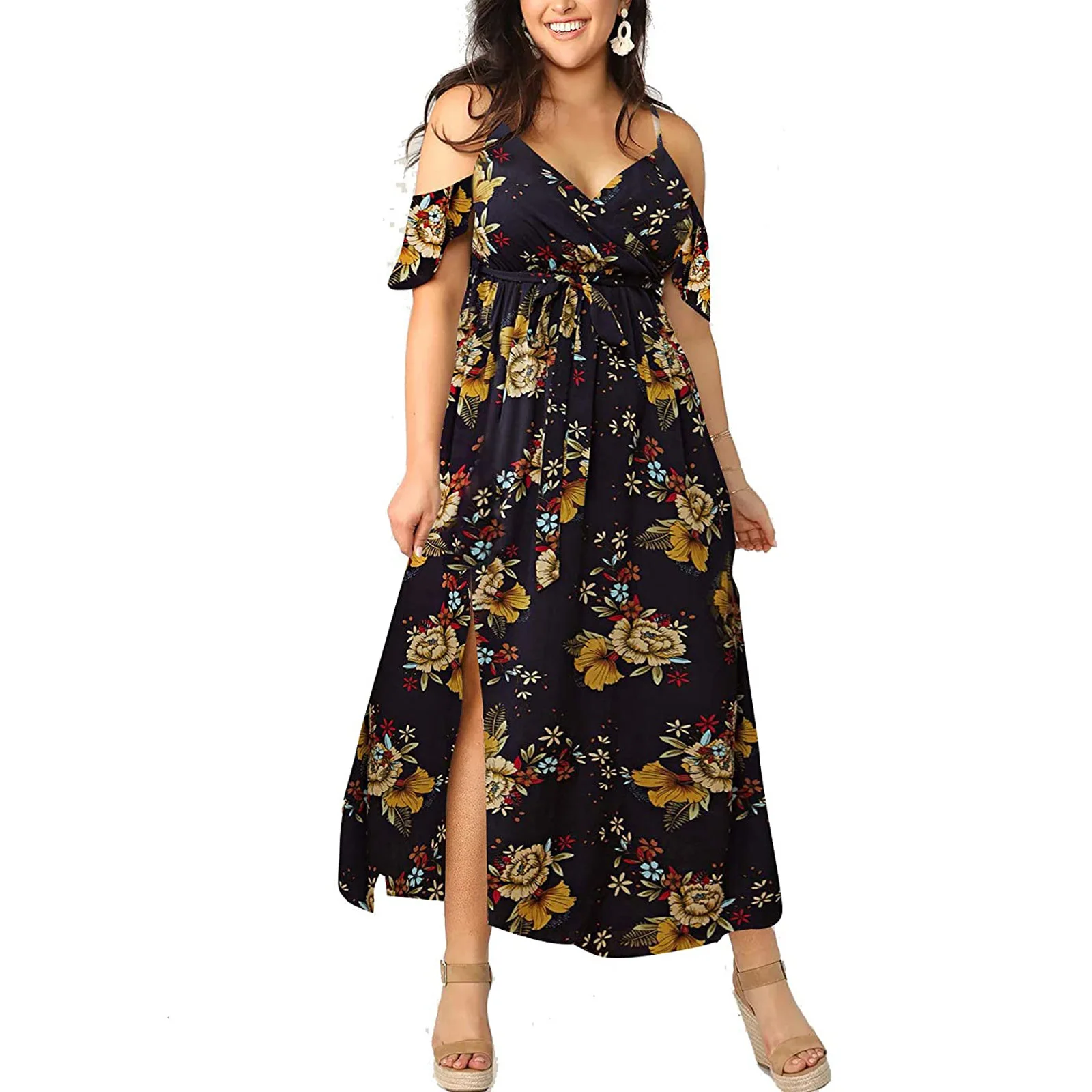 

Plus Size Boho Beach Dress Women 2022 Summer Curvy Woman V Neck Cold Shoulder Floral Print Bohemian Vocation Holidays Dresses