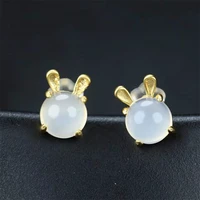 hot selling natural hand carved gold color 24k inlay jade rabbit ears earrings studs fashion jewelry men women luck gifts