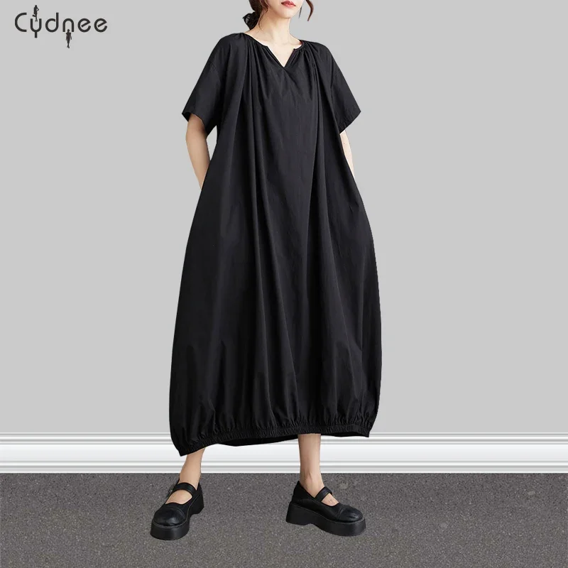 Платье женское длинное с коротким рукавом и V-образным вырезом