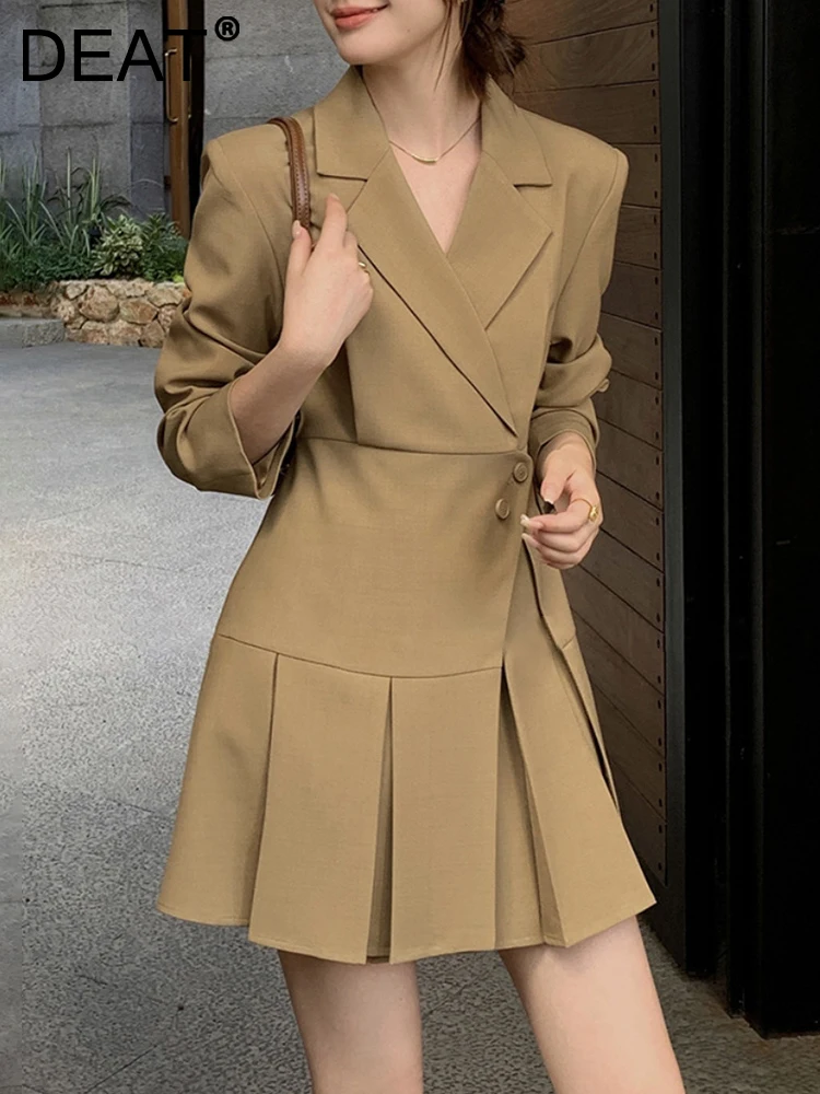 

DEAT Fashion Women's Suit Dress Notched Collar Long Sleeves Waist Retraction Folds Short Dresses Autumn 2023 New Tide 7AB789