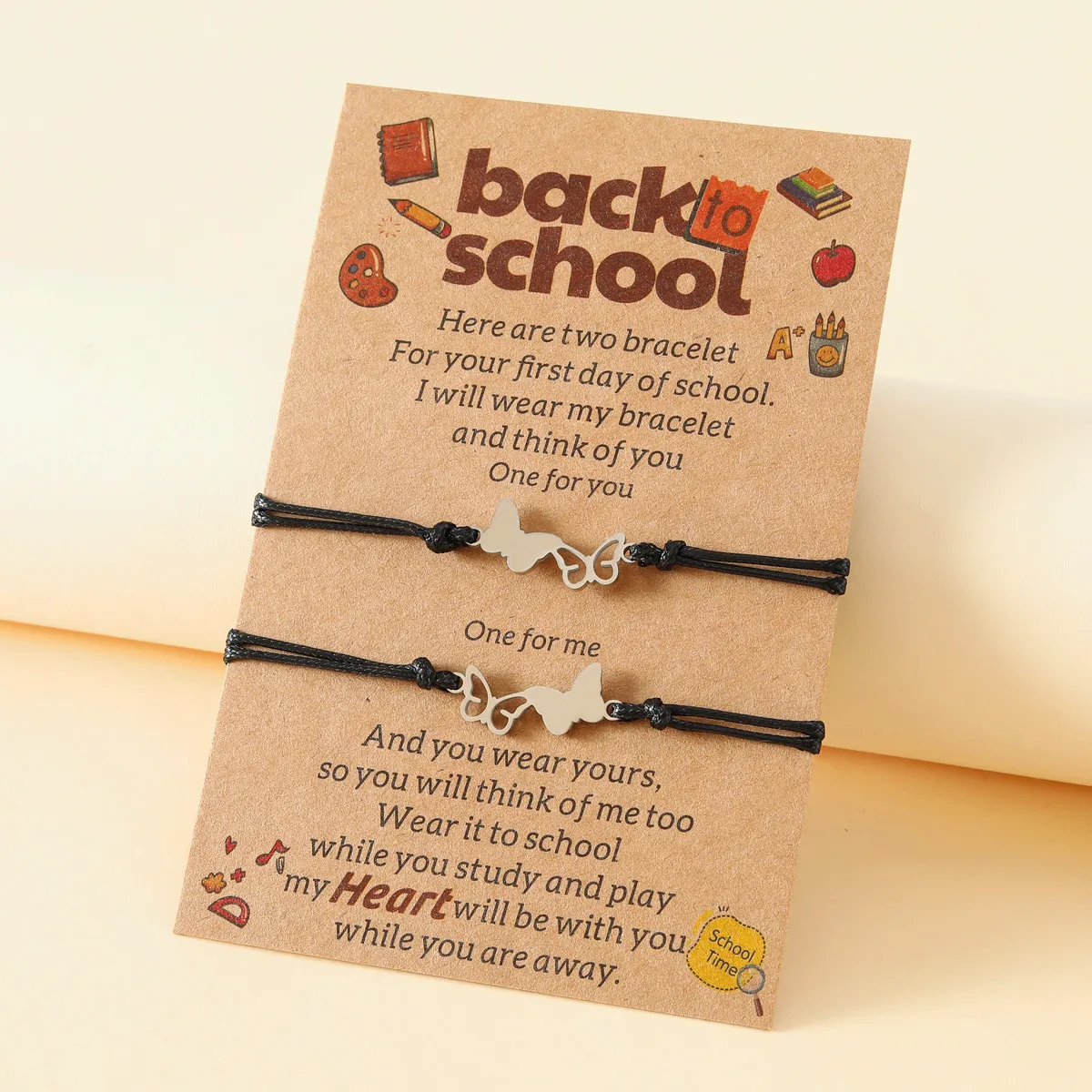 

2023 New Stainless Steel Hollow Double Butterfly Back to School Season Mother Daughter Parent Child Card Bracelet Gift Hot Sale