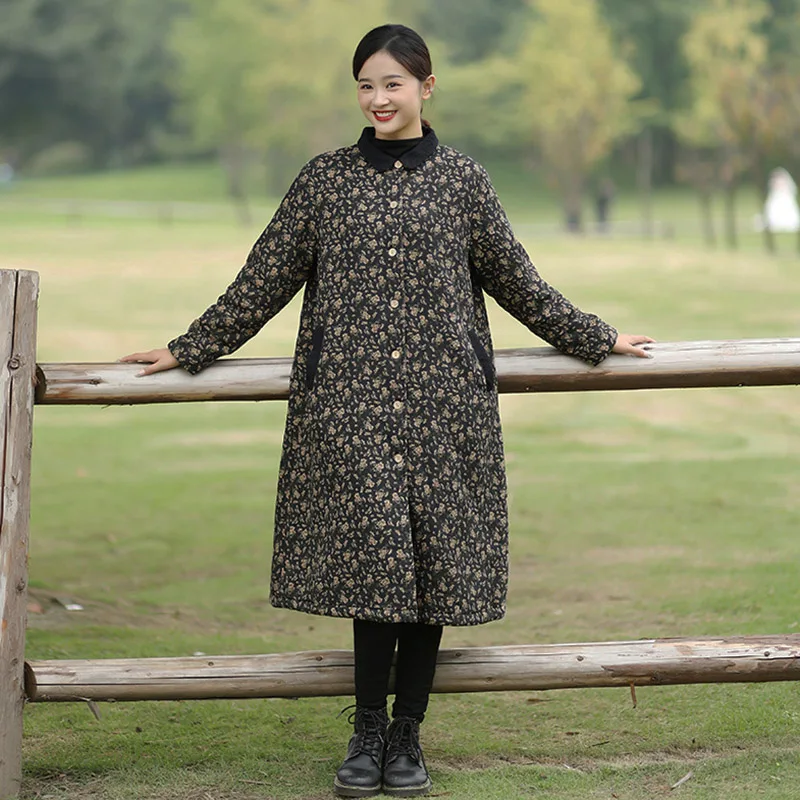 Женское зимнее платье из саржи хлопка и льна с цветочным принтом теплое овечье