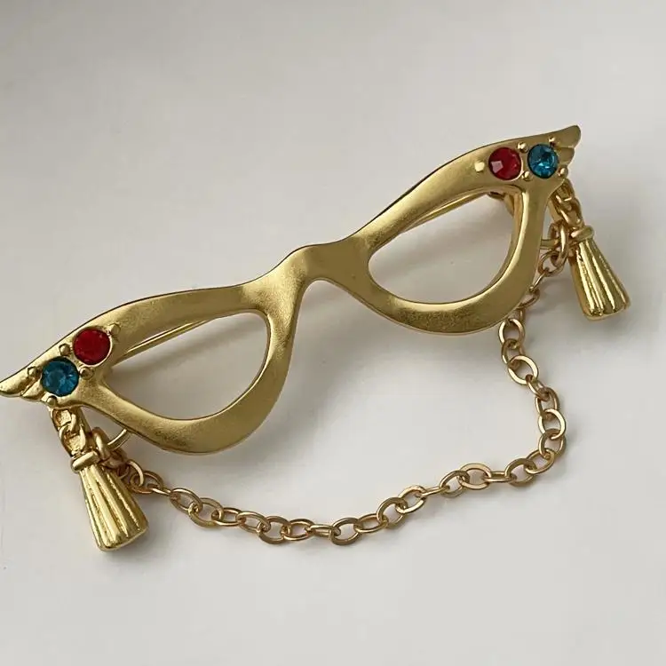 European and American vintage glasses chain, red blue zircon brooch