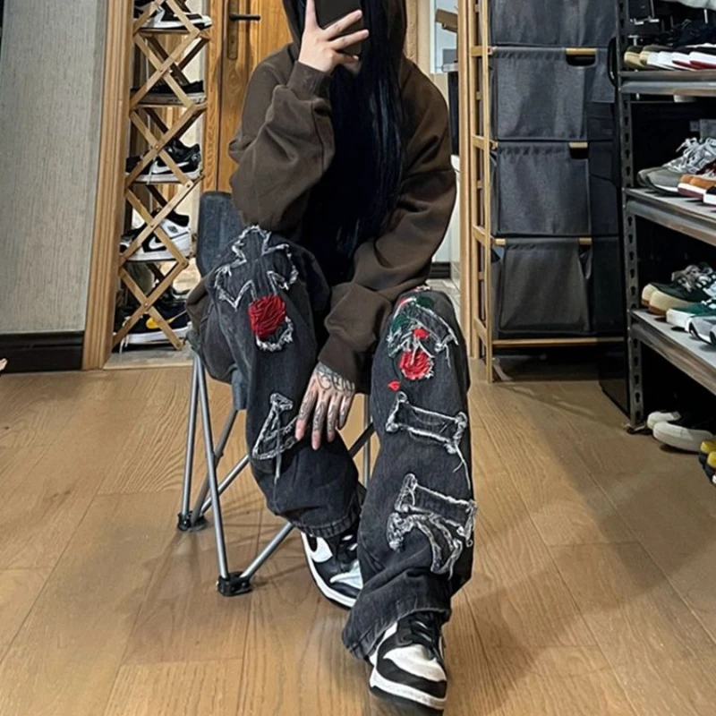 

Новые джинсы с вышивкой розы Y2k, эстетические старые джинсы, женские повседневные свободные широкие брюки, винтажные джинсы в стиле 90-х