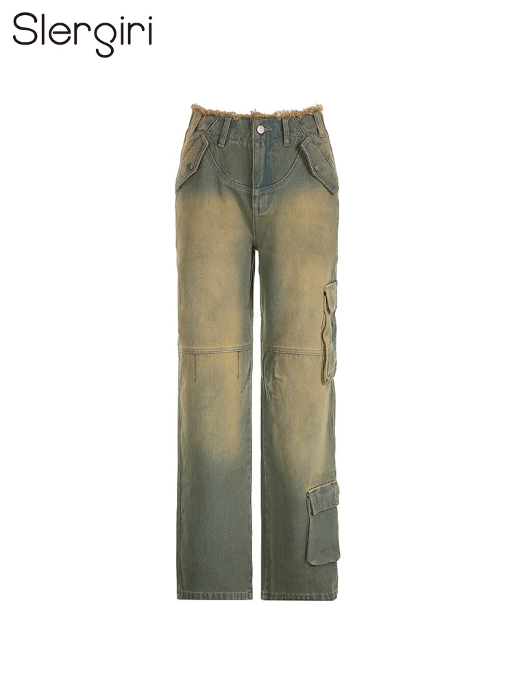 

Женские джинсы Slergiri в стиле Харадзюку, винтажные потертые мешковатые джинсы с низкой талией, уличная одежда Y2k, прямые широкие брюки из денима с несколькими карманами