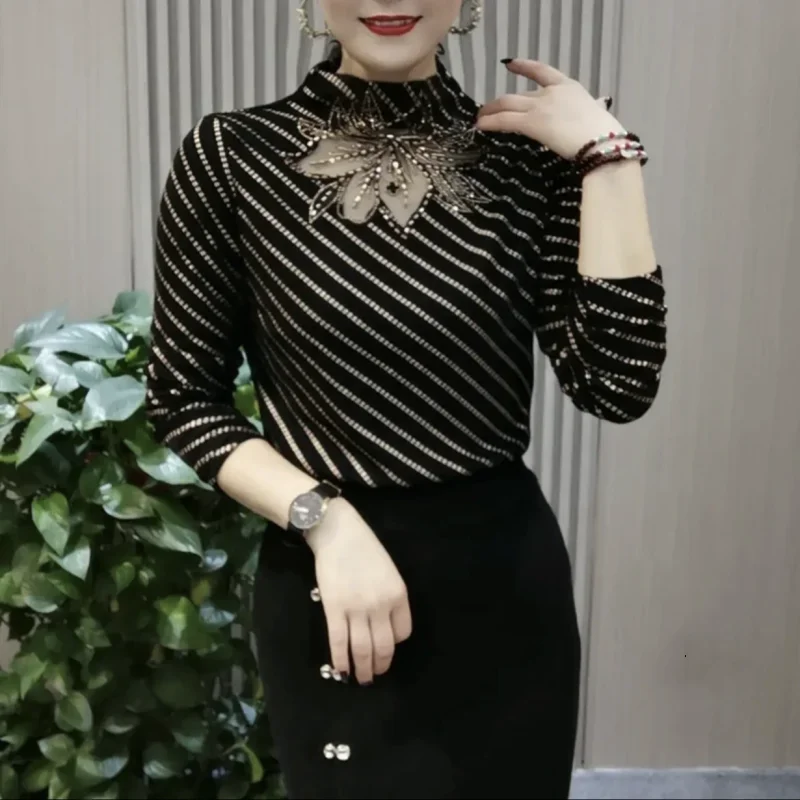 Spring Autumn and Winter New Hot Drilling Warm Fleece-lined Bottoming Shirt Women Western Sle All-Matching Half-high Colla...