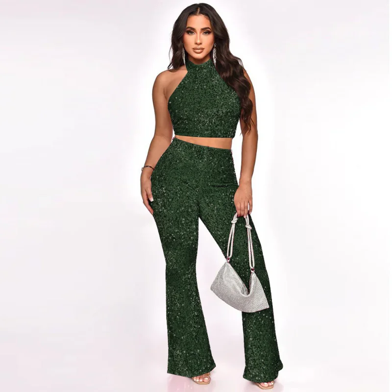 

WUHE Sexy Bling Sequins Club Two Piece Set for Women Backless Halter Crop Top and Flare Pants Festival Clothing Matching Sets