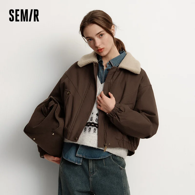 Фото Женская зимняя куртка Semir с хлопковой подкладкой из искусственной овечьей шерсти с лацканами, оверсайз, новинка 2025, куртка в стиле сарая, женская одежда №3